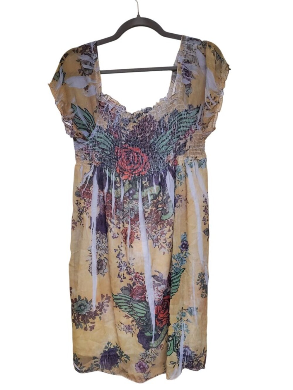 Julie's Closet Y2K Smocked Vintage Tattoo Art Sublimation Babydoll Dress Size L